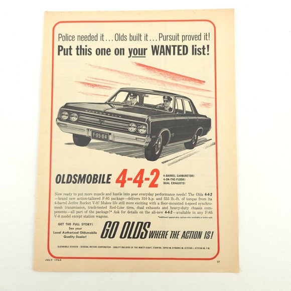 OLDSMOBILE 442 Advertising Print Ad Promo Art Police Car Pursuit Vintage Decor - Picture 1 of 6